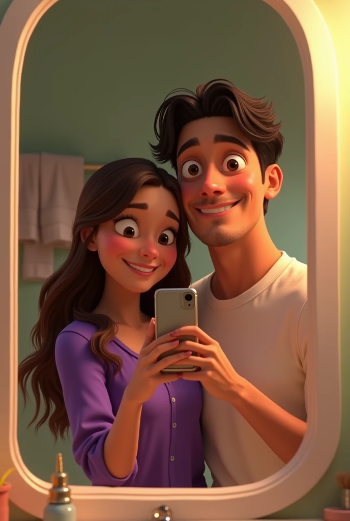 Pixar-style image of a couple taking a photo in the bathroom mirror, the woman is smiling, She is wearing a purple blouse, and her hair is long and brown, the man is taller than the woman, If hair is black and a little wavy, He is wearing a white shirt and is standing with his back turned, hugging the woman. 