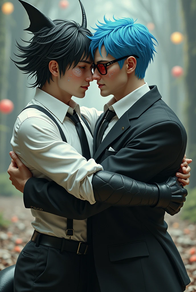 A male , wear a black pants, a white shirt, with a tie, and wear a spiral glasses but put it on his head and have black hair with a fin, and a shark tail, have spiral eyes, and wear a black gloves, hugging a man 2, wear black wide glasses, a white shirt with a black jacket and a black tie with black pants, wear black gloves, have blue hhair with red eyes, smile wicked