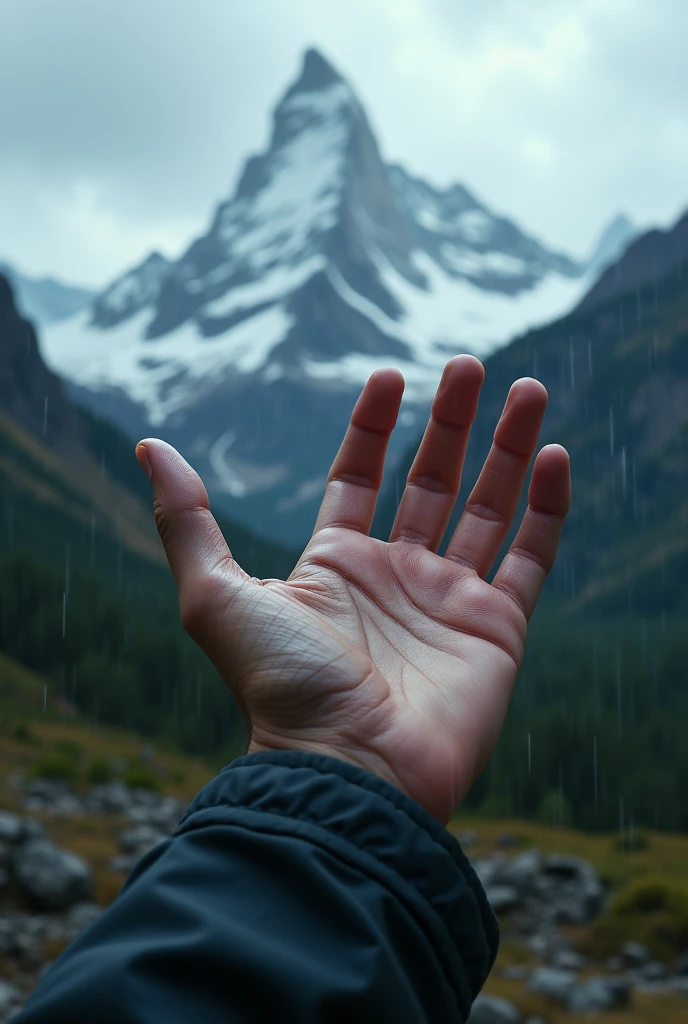 Hd wallpaper a hand reaching out into the rain, background is mountain scenery
