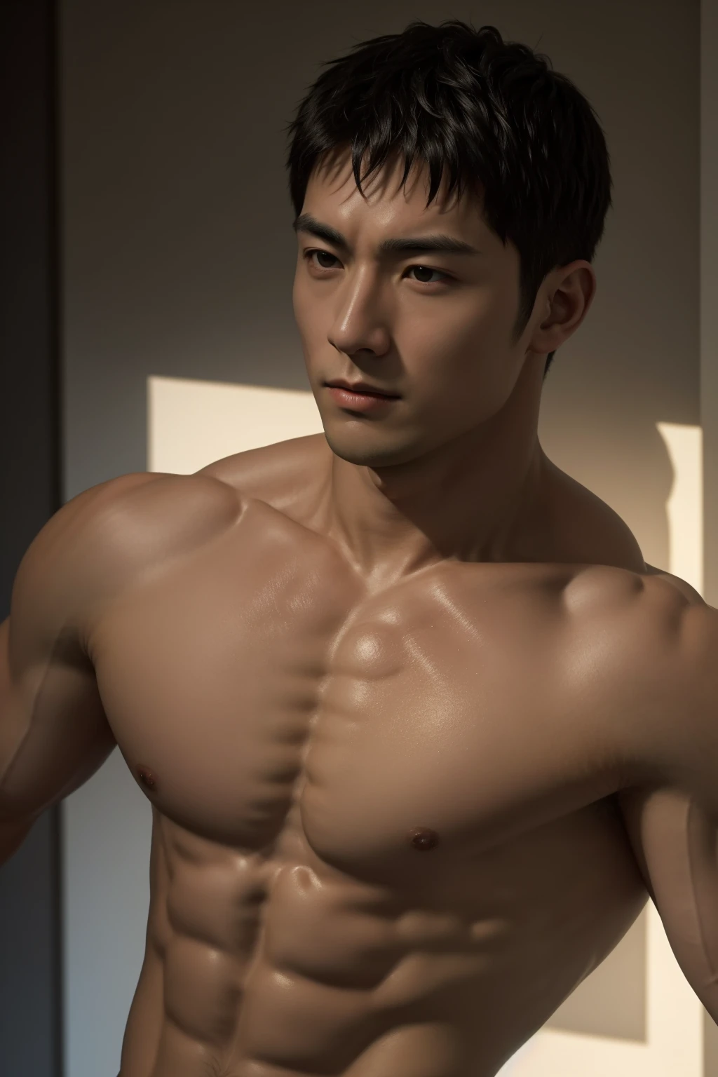 Super Household Corner,detailed black short-haired muscular male, shirtless, sweat chest, sinewy muscles casting subtle shadows in natural light, dramatic lighting, high contrast, portrait orientation, shallow depth of field, bokeh background accentuating subject, ultra-realistic, 8k resolution.
