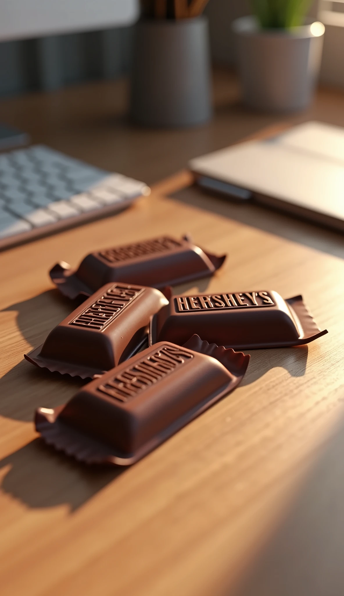 Four Hershey chocolate bars on a desk