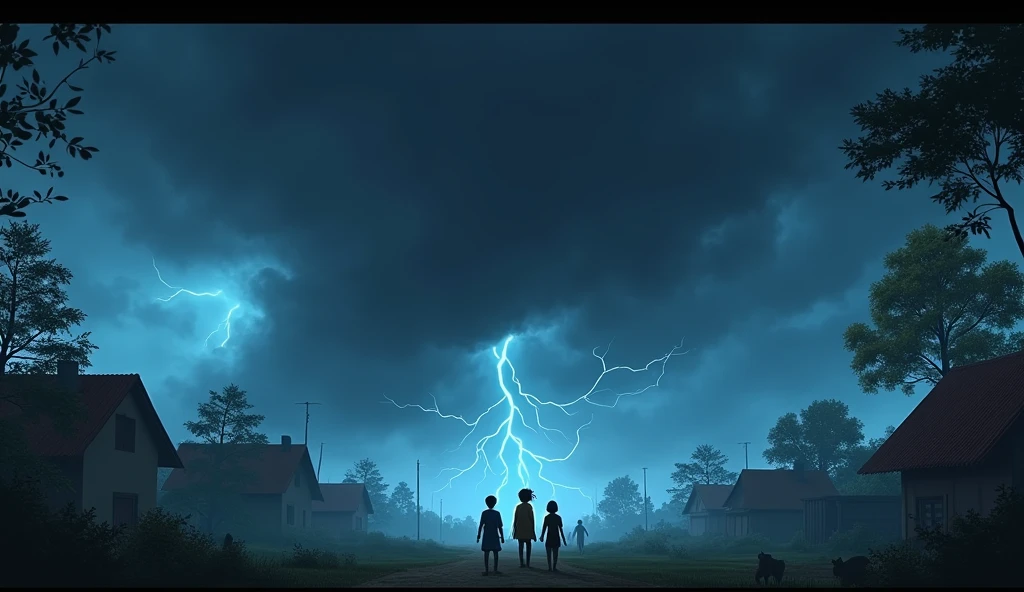 3D Animation Cartoon "Dark storm clouds gather menacingly over the village, the sky turning from blue to ominous shades of gray and black. The wind begins to pick up, bending trees, and rustling leaves. Lightning flashes in the distance, casting eerie light over the village houses. Villagers rush to secure their homes and animals, while Rohaan and his friends stand together, determined and ready to use their powers. The air is filled with tension and anticipation, as the storm looms closer, its powerful winds and dark shadows signaling impending danger. The scene captures the drama"