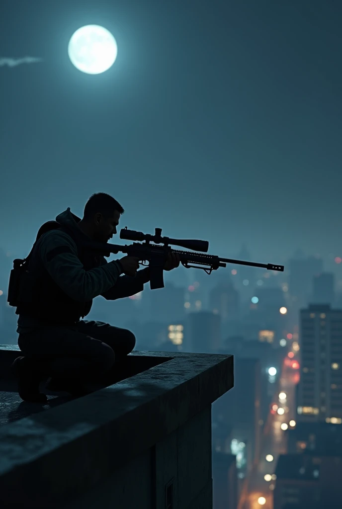 Guy with awm on the building sniping at night moon on top