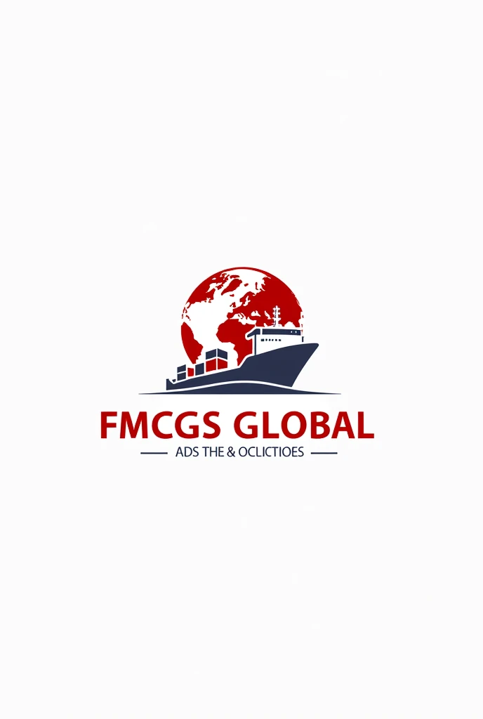 draw me an import export company logo with a container symbol, ship, arrow, Earth. Name: FMCGS GLOBAL, Main color: red white, professional creative style