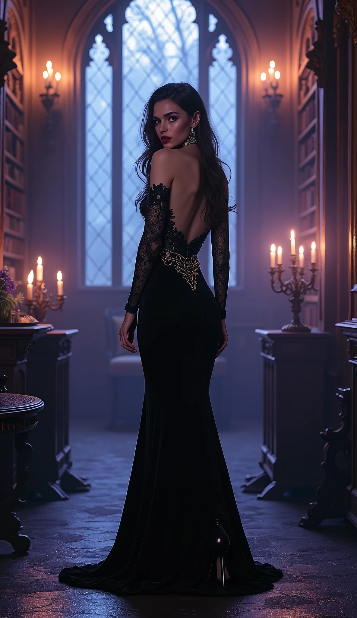 exy woman with seductive eyes and pouty lips, Outfit: Elegant, enchanting, long and fitted dress, plunging back, deep neckline, long lace sleeves, belt adorned with mystical symbols, high-heeled boots, black and silver jewelry. II. Venue: Gothic castle, dark and mysterious atmosphere, dim lighting with chandeliers, library full of old grimoires, mirrors framed with magical motifs, incense-scented candles, mystical mist floating in the air. III. Decoration: Gothic ambiance, dim lighting with violet and blue lights, refined furniture with touches of black and silver, black velvet drapes, mirrors adorned with witchcraft motifs, lavender-scented candles, BREAK, looking at viewer, masterpiece, best quality, highly detailed, desire, blush, (Beautiful and detailed eyes description), (beautiful and detailed face), Perfect female body, (Best Quality), (ultra-detailed), (master piece), (hight resolution), (Original), (the Extremely Detailed CG Unity 8K Wallpapers) sexy fullbody