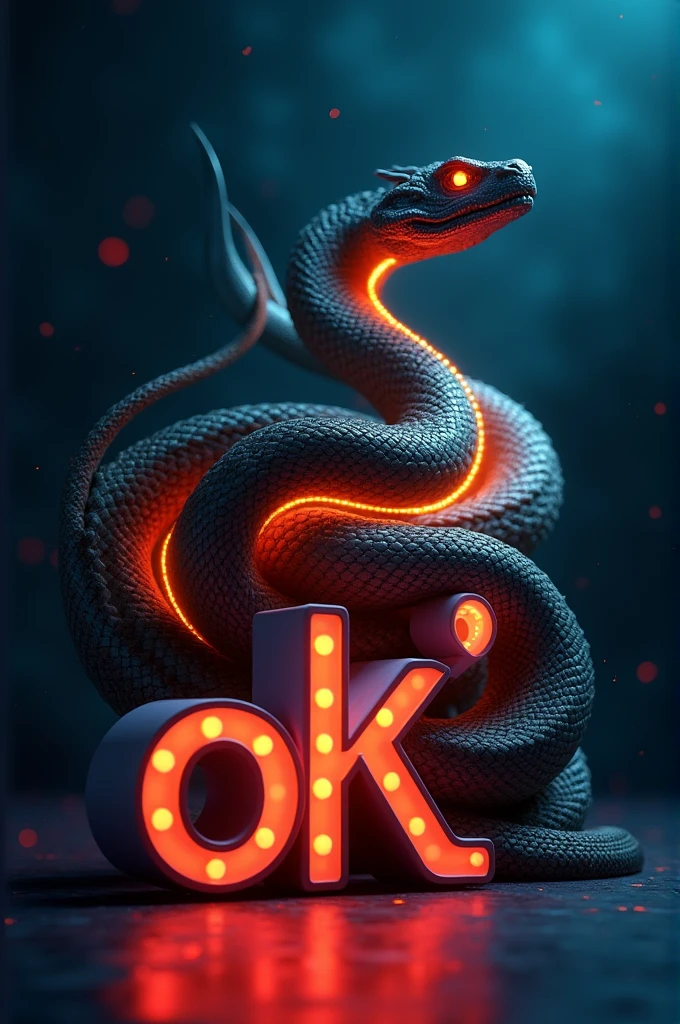 Designing a vibrant 3d logo with a python character in the back with dark light,at the bottom of the logo is written the name "ok',