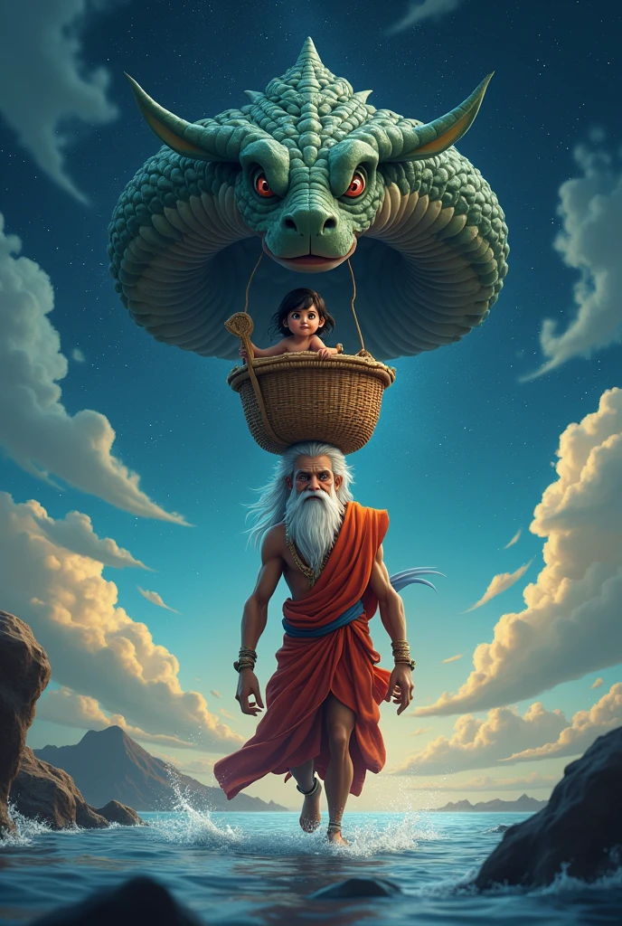 Create cinematic 3d cartoon style images "Vasudeva a old man carrying the newborn Krishna in a basket over his head, walking through the Yamuna River under a stormy, star-lit sky. The serpent Shesha multiple facevis shown hovering over them, forming a protective canopy."