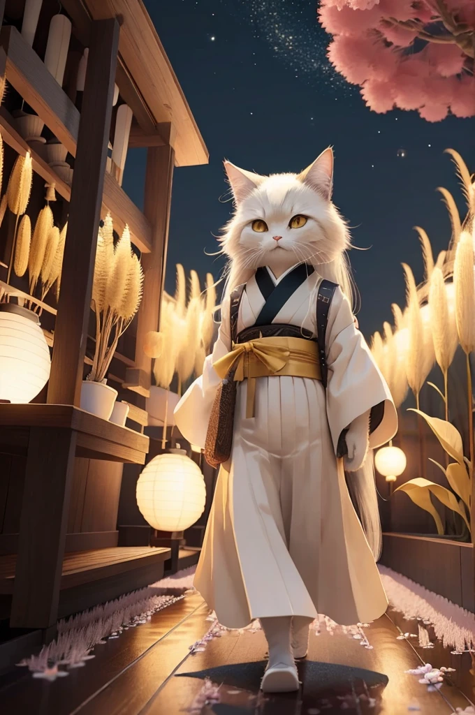 High resolution,超High resolution,8k,Very detailed,3D rendering style:1.37),Highest quality,masterpiece,pressure,cute,night,lanthanum,Japanese Clothing,Beautiful and elaborate field of pampas grass, Open Hakama, Surrounded by floating cherry blossoms, Yellow Full Moon, beautiful detailed dark midnight sky, Messy white long hair,