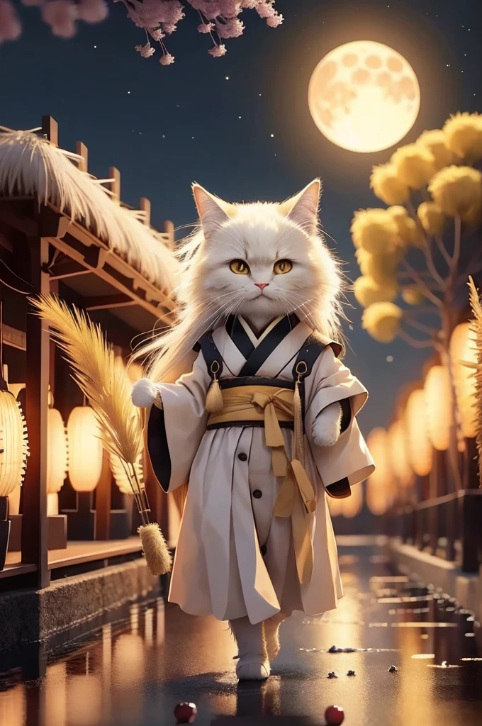 High resolution,超High resolution,8k,Very detailed,3D rendering style:1.37),Highest quality,masterpiece,pressure,cute,night,lanthanum,Japanese Clothing,Beautiful and elaborate field of pampas grass, Open Hakama, Surrounded by floating cherry blossoms, Yellow Full Moon, beautiful detailed dark midnight sky, Messy white long hair,