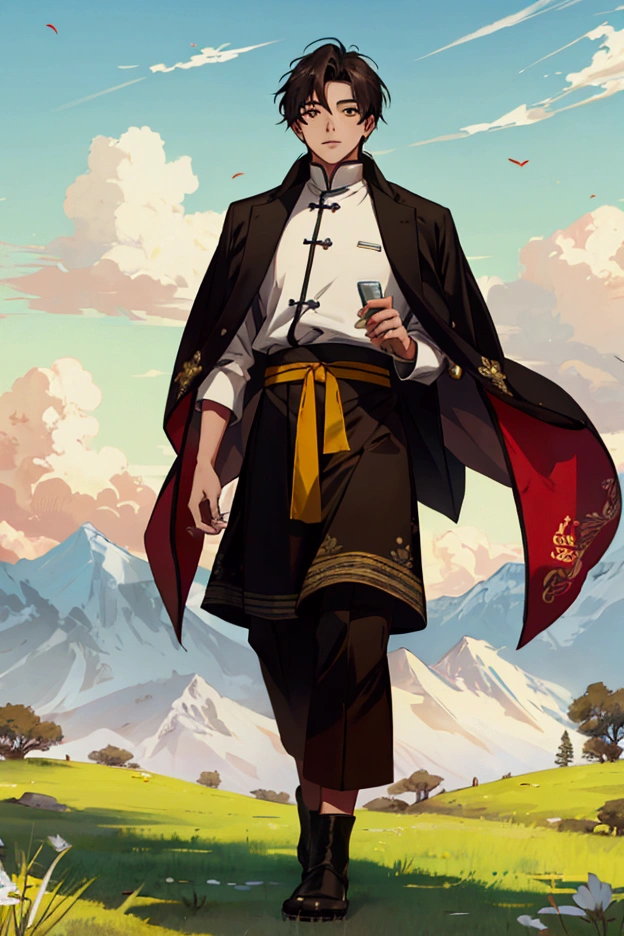 A young man standing on the Tibetan grassland,Vision
