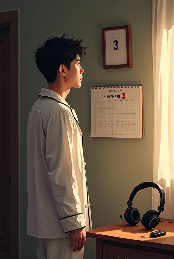 A man looks at the calendar; the date on the calendar is September 3. There is a headphones on the table nearby. Home environment. Man dressed in pajamas