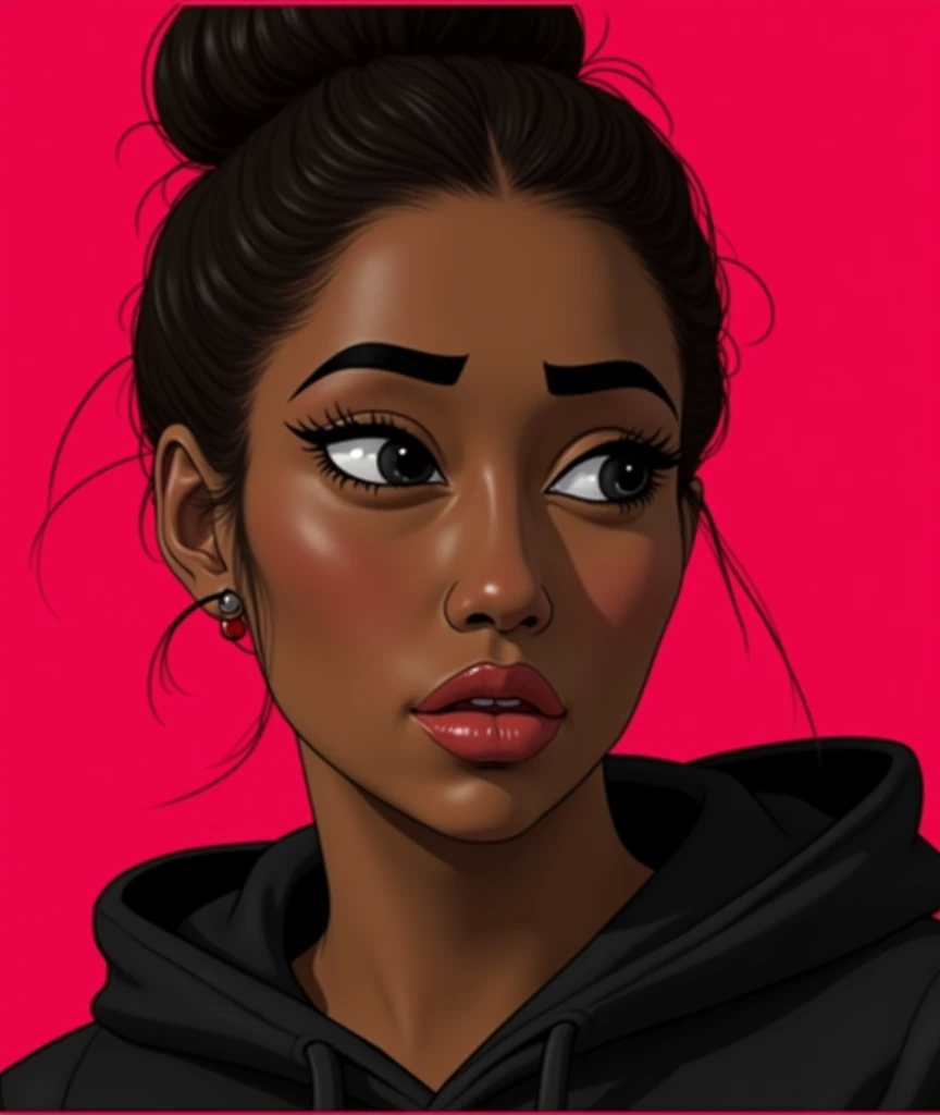 black woman hair in a bun black hoodie black leather short shorts being fucked in the ass by a old grandma in a dress