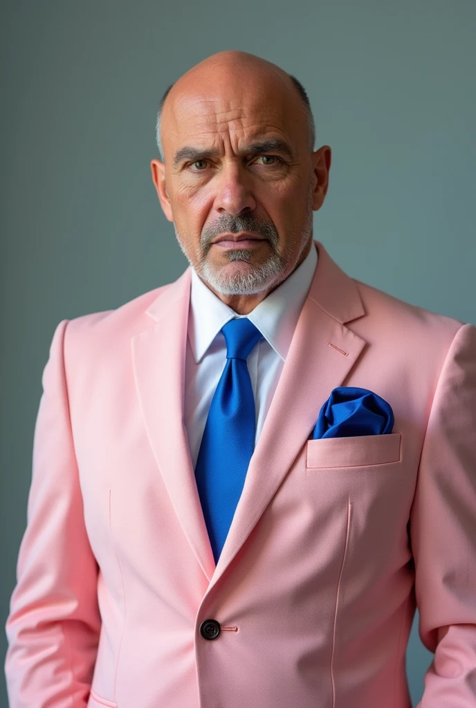 Bald white man in soft pink suit, white shirt and bright blue tie and deep royal blue handkerchief.