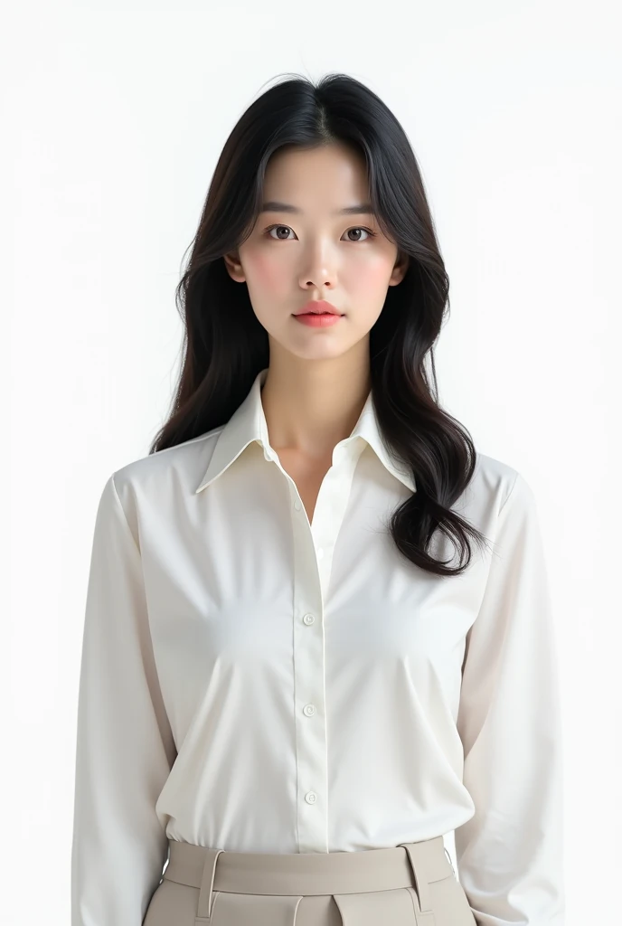 A korean female her face front she is stand straight like a teacher with white background 