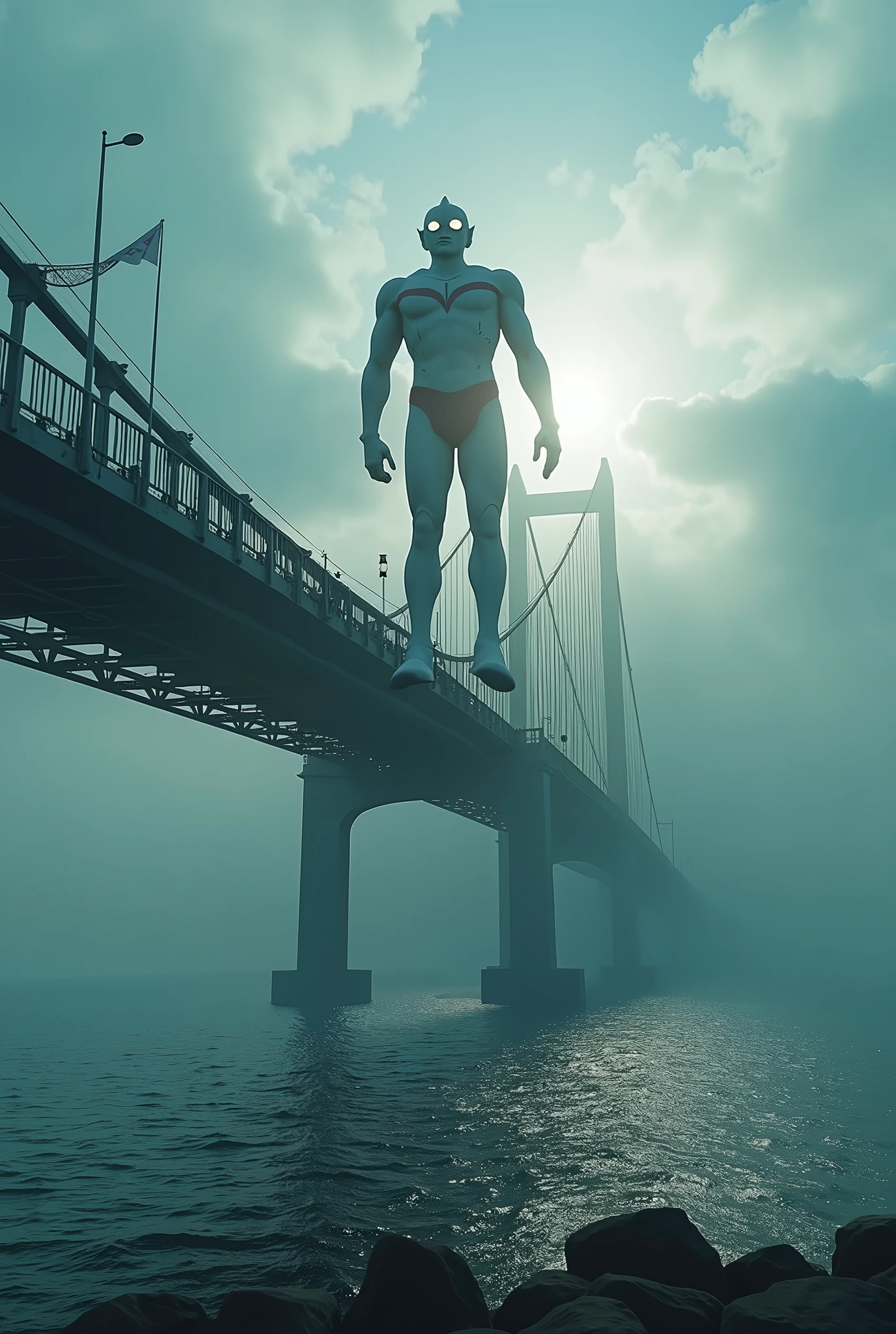 a dramatic scene of the. Pulau pinang iconic bridge., viewed from the road, with ultraman hovering over the structure, (best quality,4k,8k,highres,masterpiece:1.2),ultra-detailed,(realistic,photorealistic,photo-realistic:1.37),dramatic lighting,cinematic composition,epic scale,mist,dramatic sky,azure water,dramatic clouds,detailed architecture,metallic bridge,ultraman flying,ultraman floating,ultraman silhouette,ultraman pose,ultraman details,ultraman energy,ultraman power
