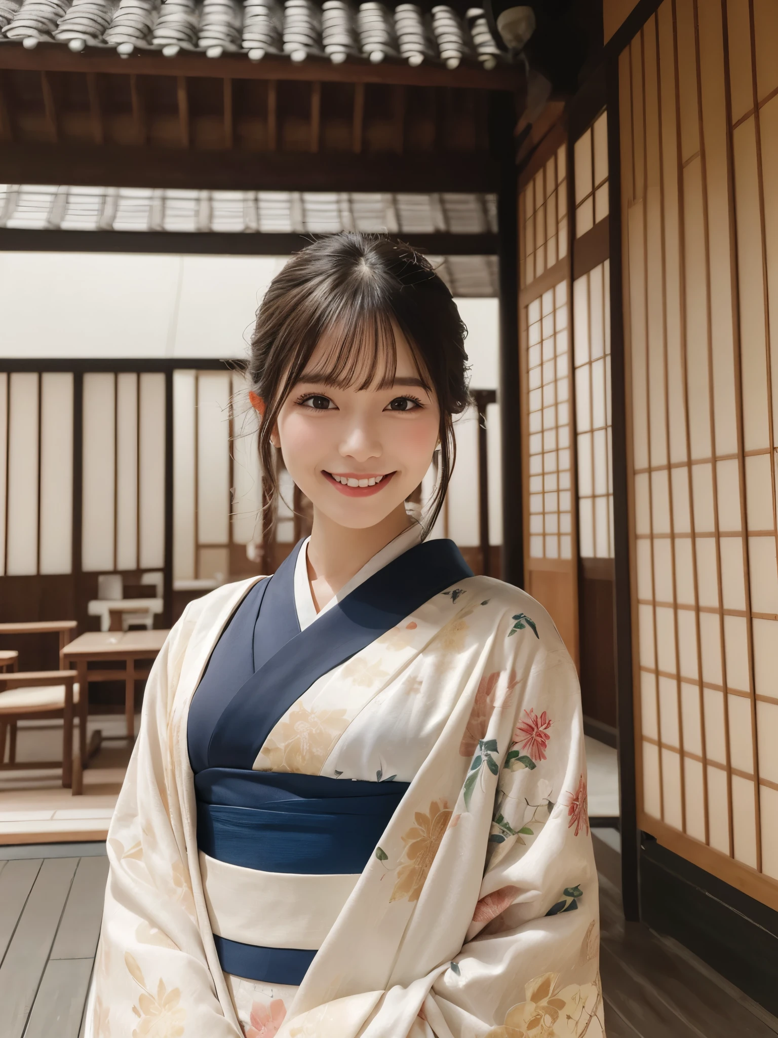 1girl, solo, highres, best_quality, masterpiece, detailed_background, intricate_details, beautiful, kanazawa, higashi_chaya_district, tea_house, traditional_clothes, kimono, serene, smile, looking_at_viewer, dynamic_pose, natural_pose, candid, happy