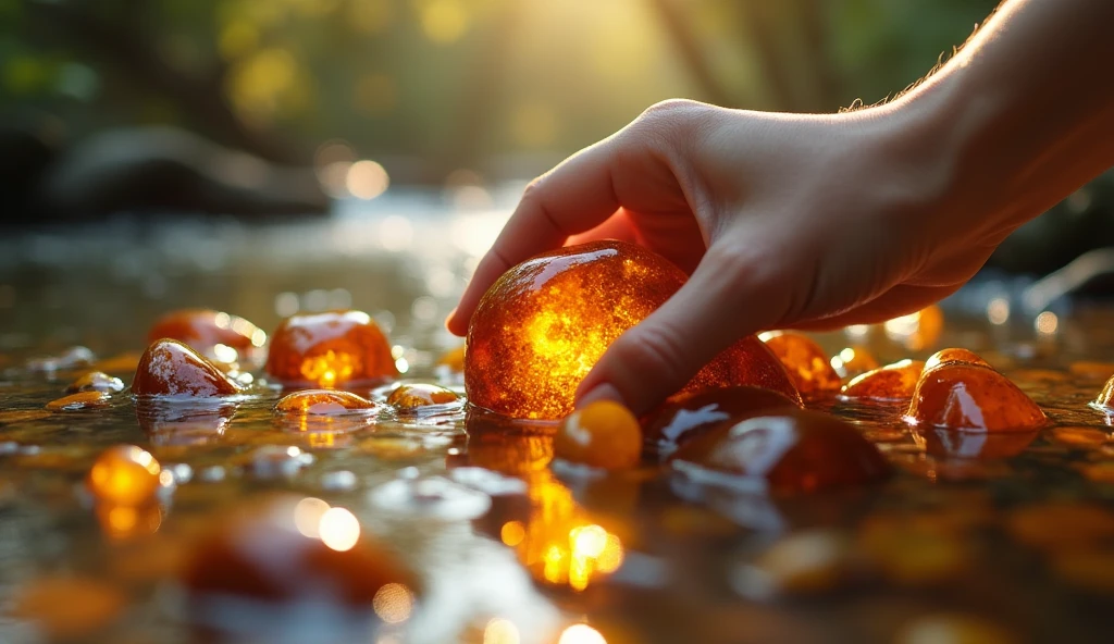 Panoramic front view,There are many amber stones in the stream,A hand holding an amber stone(best quality,4K,8k,High level,masterpiece:1.2),Ultra Detailed,(lifelike,Photo real,Photo real:1.37)