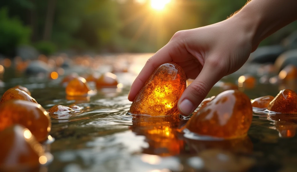 Panoramic front view,There are many amber stones in the stream,A hand holding an amber stone(best quality,4K,8k,High level,masterpiece:1.2),Ultra Detailed,(lifelike,Photo real,Photo real:1.37)