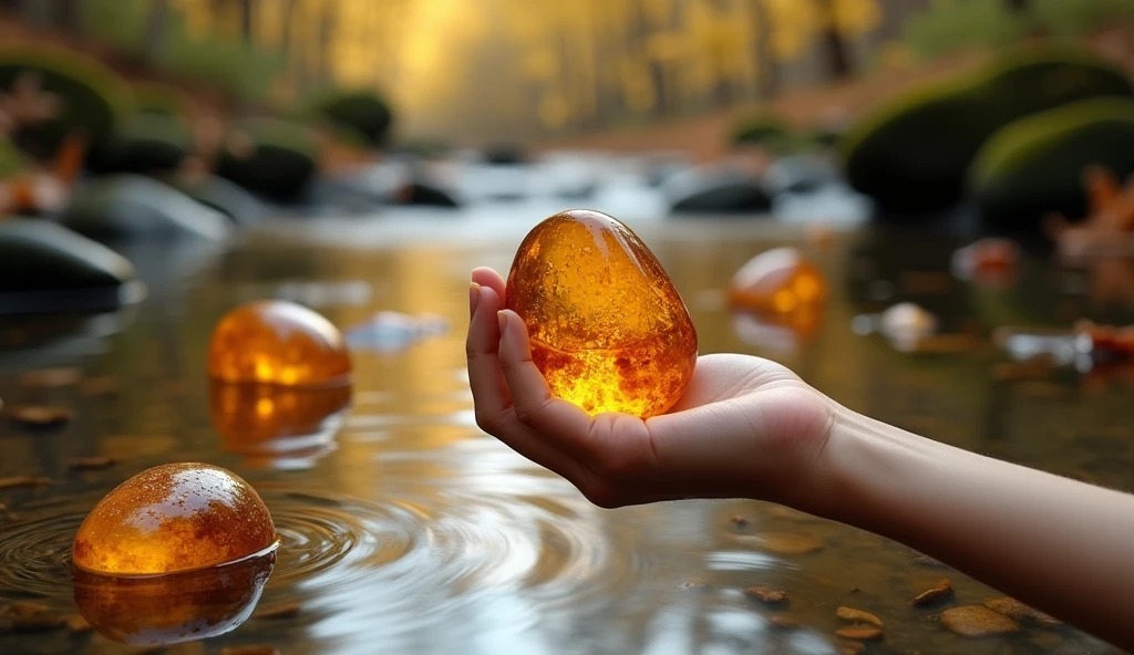 Panoramic front view，There are many amber stones in the stream，A hand holding an amber stone（best quality，4K，8k，High level，masterpiece：1.2），Ultra Detailed，（lifelike，Photo real，Photo real：1.37）