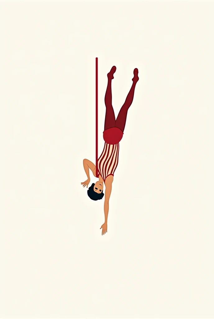 A simple side view logo of a circus arealist wearing red stripe overall doing trapeze upside down