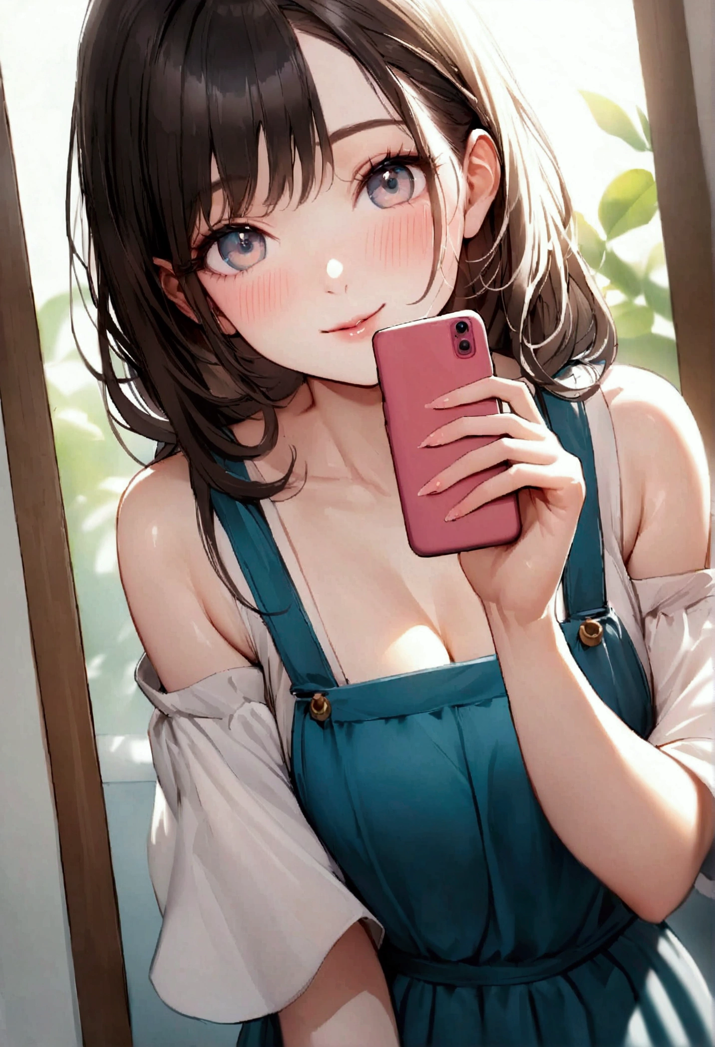 Generate an ultra-realistic illustration of a breathtakingly beautiful young woman taking a selfie, capturing the perfect moment. The character is a stunning beauty with flawless, porcelain-like skin that radiates a soft glow. She has long, silky, and lustrous hair cascading down her shoulders, with a few strands playfully framing her face. Her eyes are large, vibrant, and filled with joy, sparkling with a lively expression as she gazes directly at the camera. The smile on her lips is warm and enchanting, showing a slight blush on her cheeks, giving her an adorable and innocent look. She is holding a smartphone in her hand, positioned slightly above her head, as she tilts her head slightly for the perfect angle. The background is softly blurred, focusing attention on her beauty, with natural light enhancing the overall warmth and brightness of the scene. The image should capture the essence of a ‘miraculous selfie,’ emphasizing the character’s radiant beauty, perfect pose, and joyful expression.