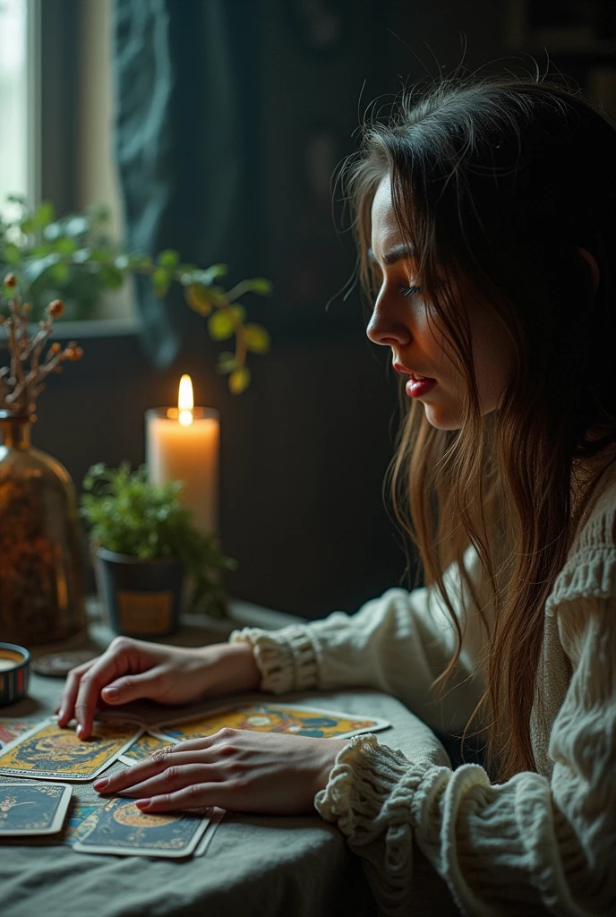 your own armpit hair speaks to a woman while she is reading tarot cards. The woman looks frightened.
