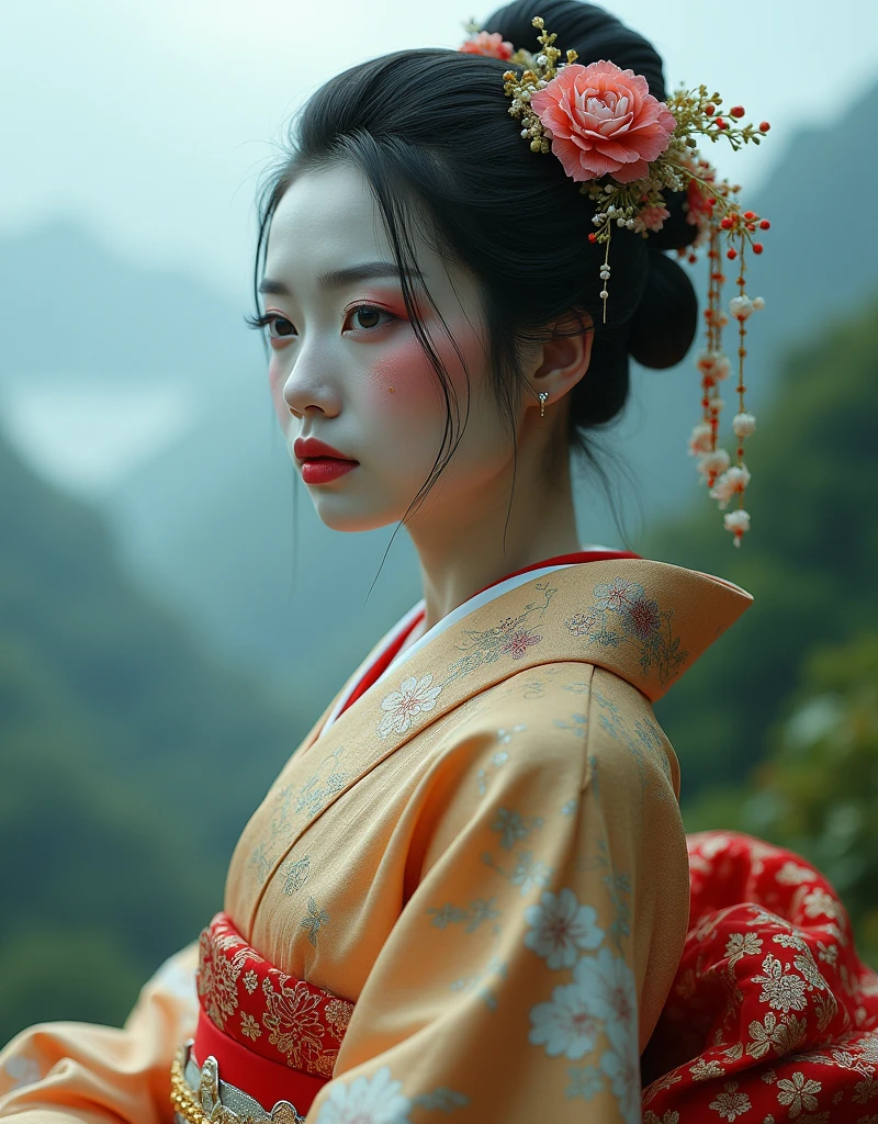 masterpiece, High resolution photos, Beautiful Japanese kimono woman, Her face is richly decorated, Very beautiful Japanese woman&#39;s face, Multiple Fronts, 8k, Ultra-high resolution, White Face, In the mountains, forest, In the fog