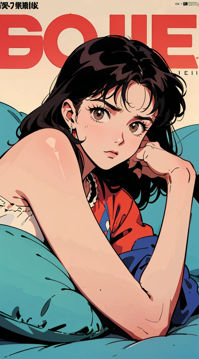 Best image quality, 1980s-style animation, Light brown eyes, Shoulder Bare、valley, Magazine Cover, whole body ,Pose Girl lying on futon, Black Hair、Troubled face