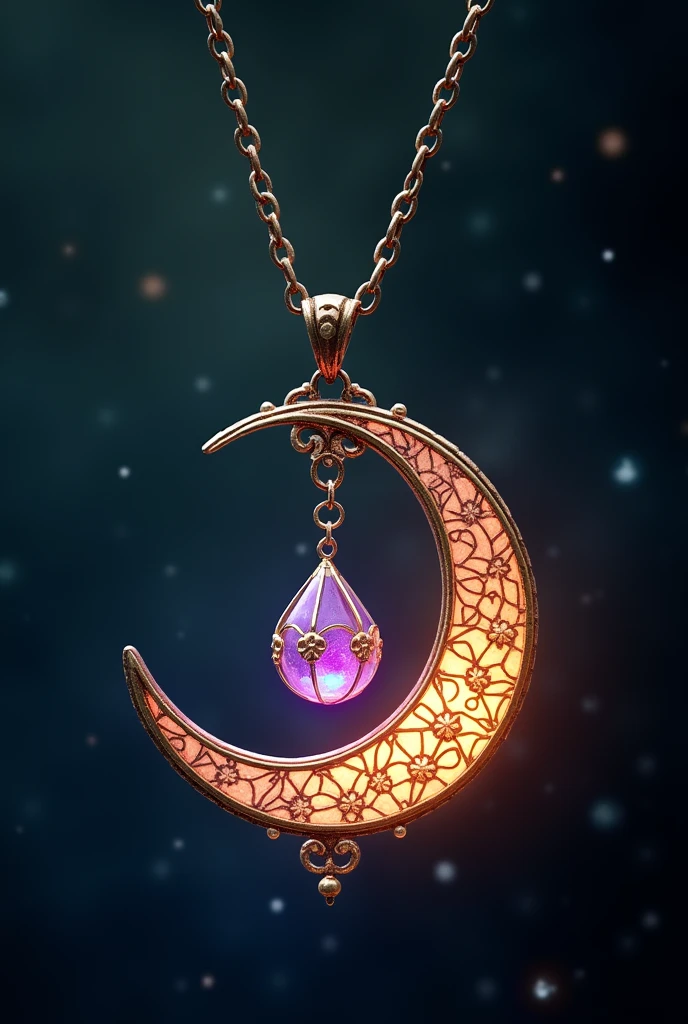 This is an enchanting crescent moon necklace, featuring a glowing, luminescent design. The crescent moon pendant is large and dominates the design, curving gracefully with a delicate filigree pattern that adds intricate detail to its surface. The crescent has a soft, radiant Rainbow glow that emanates from within, creating a magical and otherworldly effect. Hanging from the inside of the crescent moon is a small, spherical crystal or orb, encased in an ornate, Golden metal cage. The orb also emits a faint Rainbow glow, harmonizing with the light of the crescent moon. The metal cage surrounding the orb is intricately designed, with delicate swirls and loops that add a touch of elegance and complexity. The pendant is attached to a fine, Golden chain that complements the overall design. The chain is simple and unobtrusive, allowing the focus to remain on the glowing crescent moon and orb pendant. The overall aesthetic of the necklace is mystical and celestial, perfect for someone who appreciates unique, fantasy-inspired jewelry with a touch of magic.