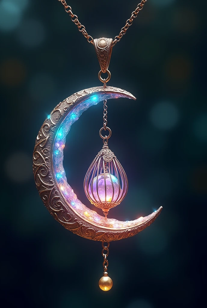 This is an enchanting crescent moon necklace, featuring a glowing, luminescent design. The crescent moon pendant is large and dominates the design, curving gracefully with a delicate filigree pattern that adds intricate detail to its surface. The crescent has a soft, radiant Rainbow glow that emanates from within, creating a magical and otherworldly effect. Hanging from the inside of the crescent moon is a small, spherical crystal or orb, encased in an ornate, Golden metal cage. The orb also emits a faint Rainbow glow, harmonizing with the light of the crescent moon. The metal cage surrounding the orb is intricately designed, with delicate swirls and loops that add a touch of elegance and complexity. The pendant is attached to a fine, Golden chain that complements the overall design. The chain is simple and unobtrusive, allowing the focus to remain on the glowing crescent moon and orb pendant. The overall aesthetic of the necklace is mystical and celestial, perfect for someone who appreciates unique, fantasy-inspired jewelry with a touch of magic.