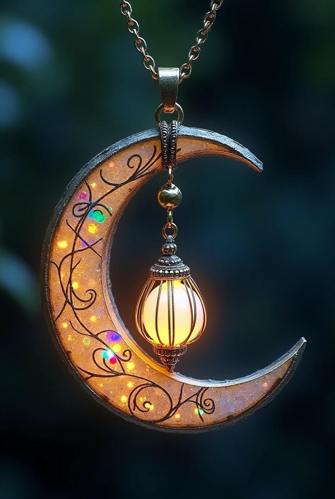 This is an enchanting crescent moon necklace, featuring a glowing, luminescent design. The crescent moon pendant is large and dominates the design, curving gracefully with a delicate filigree pattern that adds intricate detail to its surface. The crescent has a soft, radiant Rainbow glow that emanates from within, creating a magical and otherworldly effect. Hanging from the inside of the crescent moon is a small, spherical crystal or orb, encased in an ornate, Golden metal cage. The orb also emits a faint Rainbow glow, harmonizing with the light of the crescent moon. The metal cage surrounding the orb is intricately designed, with delicate swirls and loops that add a touch of elegance and complexity. The pendant is attached to a fine, Golden chain that complements the overall design. The chain is simple and unobtrusive, allowing the focus to remain on the glowing crescent moon and orb pendant. The overall aesthetic of the necklace is mystical and celestial, perfect for someone who appreciates unique, fantasy-inspired jewelry with a touch of magic.