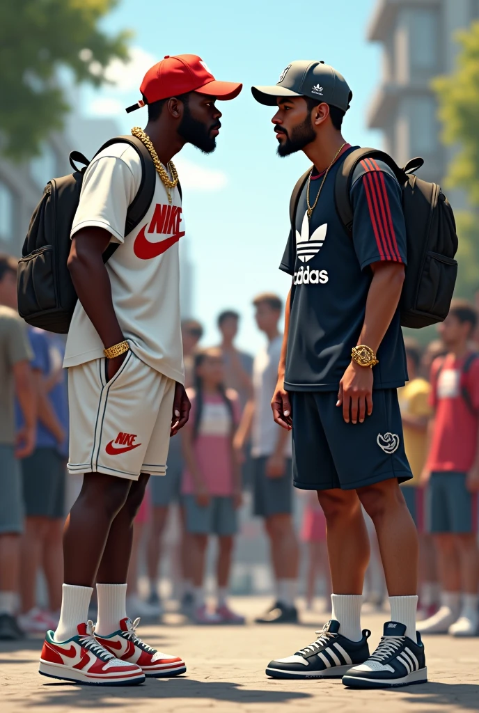 Rhyme Battle Little Black Guy in Nike Hat, Nike shirt, bermuda Nike, Nike socks on the shin and Nike sneakers , gold chain with Nike pendant vs white skin color man wearing Adidas cap, Adidas shirt, Adidas shorts, Adidas tennis shoes, Adidas backpack
