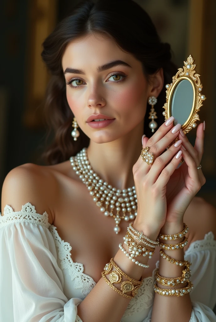 Arafed woman in a white dress holding a mirror and pearls showing off her beautiful nails , gold and perlas, perlas and gold chains, perlas and chains, Wearing elegant jewelry, The girl with a pearl earring, Rococo queen, pearl jewelry, Exquisite aristocratic showing off his beautiful nails