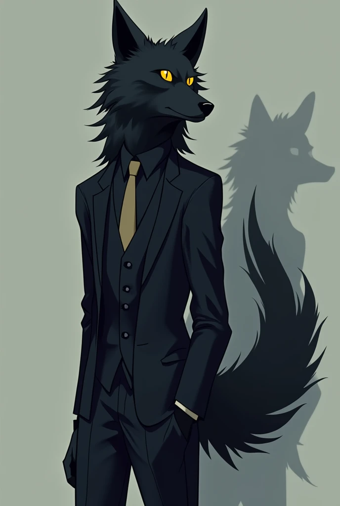 black furred wolf, yellow eyes, wearing formal suit controlling his shadow 2D anime style