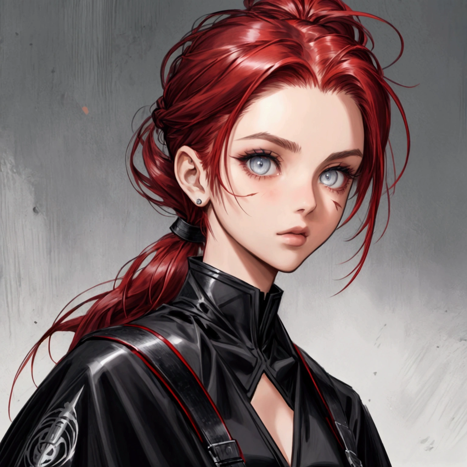 (high-quality, breathtaking),(expressive eyes, perfect face) anime, 1girl, female, solo, teenager, short ponytail length hair, red hair color, glowing hair, straight hair,  light grey eyes color, soft expression, black cloak, black shirt, fantasy warrior high-tech clothing, scars on her left face, space background, portrait, upper body, serious, beautiful hairstyle, soft makeup, age 16, short ponytails