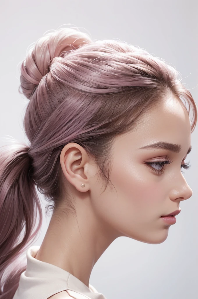 Masterpiece, Best Quality, 1girls, profile, ponytail, updo hair, nape of neck, pink lips, slightly upturned nose, long eyelashes, realistic skin texture, attractive face, blurred, white background