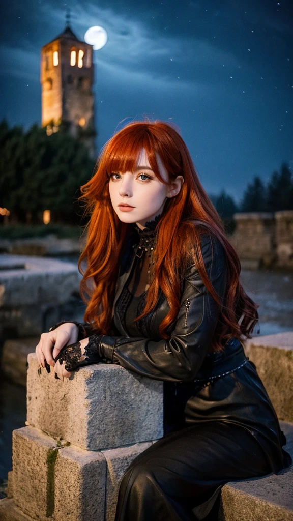 Gothic redhead girl, resting on the shore of an ancient tower, The full moon night, as the snow falls, with trees in the background