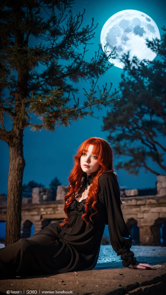 Gothic redhead girl, resting on the shore of an ancient tower, The full moon night, as the snow falls, with trees in the background