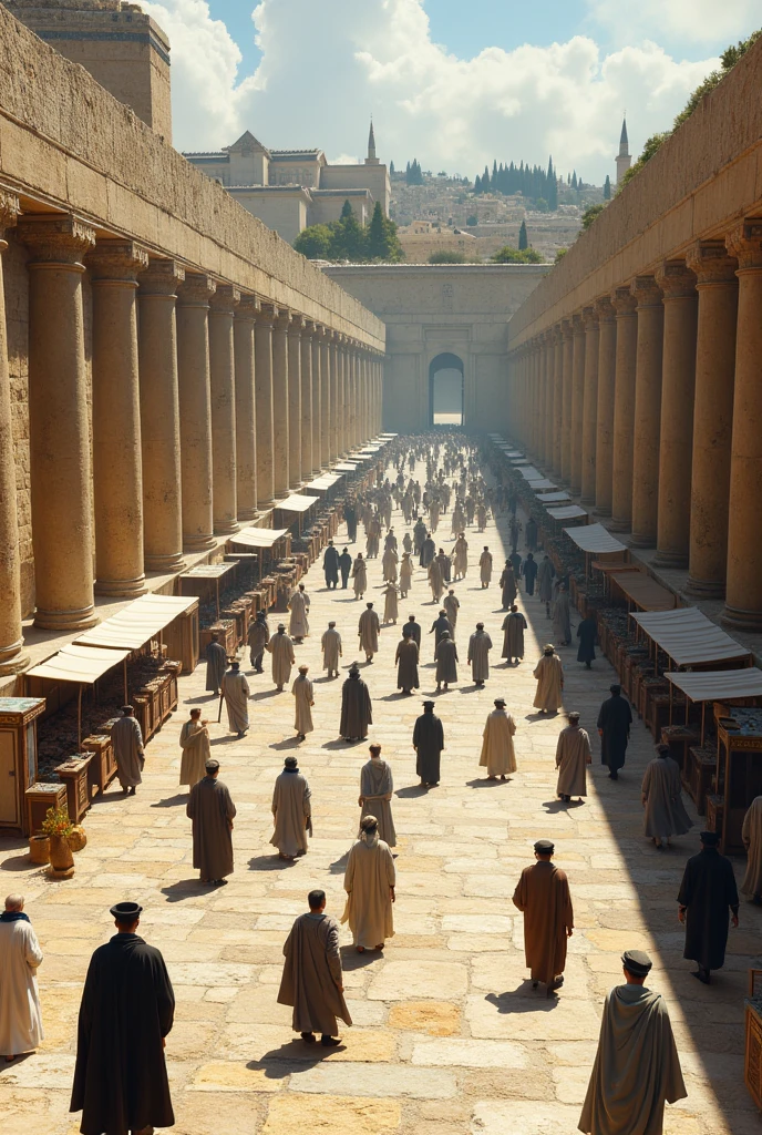 Part of a large square stone esplanade, with several Jewish pilgrims dressed in robes and cloaks walking around the place in different directions, with some merchant stalls and parallel to the esplanade a long stone wall with Corinthian style stone columns