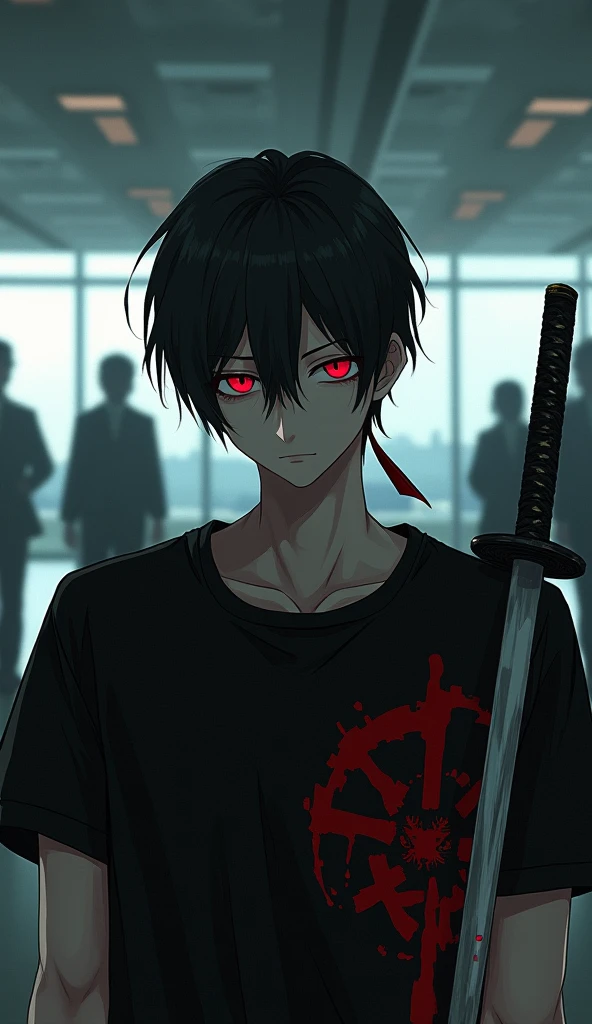 Unconscious male character with red eyes, black hair combed to one side, black t-shirt with red details, and katana was listening to music using the airport