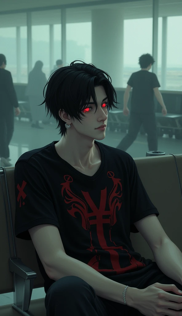 Unconscious male character with red eyes, black hair combed to one side, black t-shirt with red details, and katana was listening to music using the airport