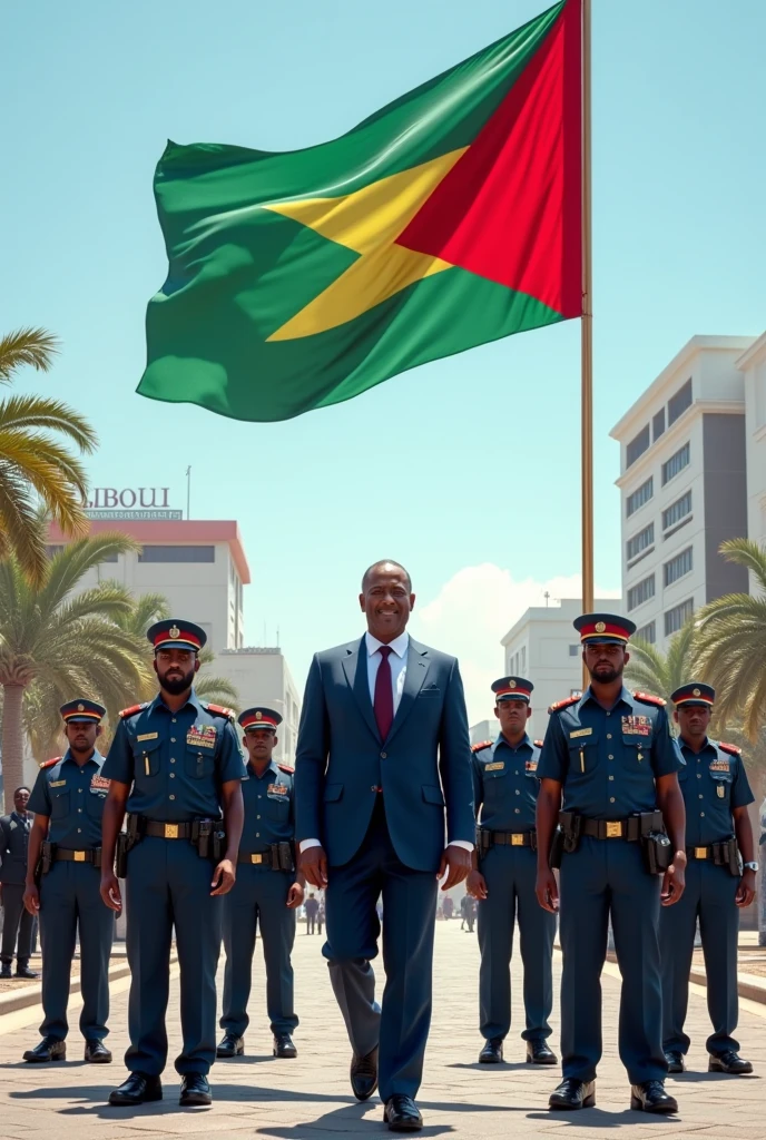 Djibouti ville avec le drapeau avec le président accompagné par la police 