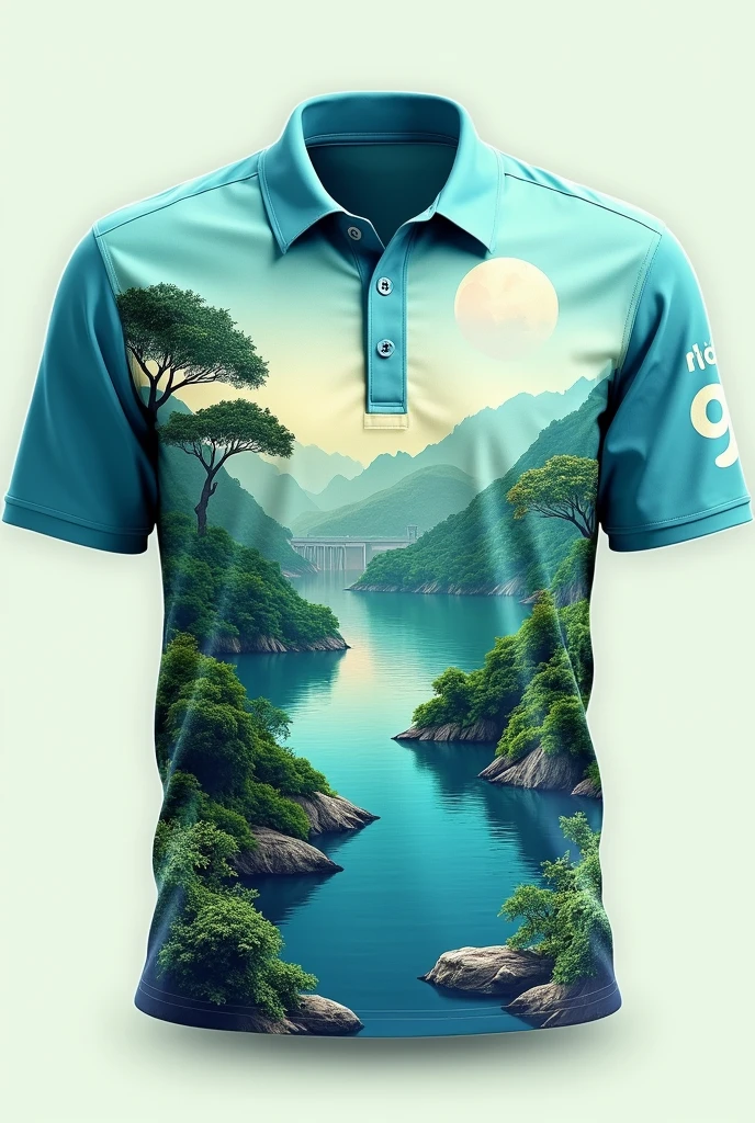 The polo shirt is designed in blue-green. The shirt has tourist attractions, a dam, the Erawan elephant, and the slogan “Beautiful forest, clear water, big fish, kind-hearted people.”