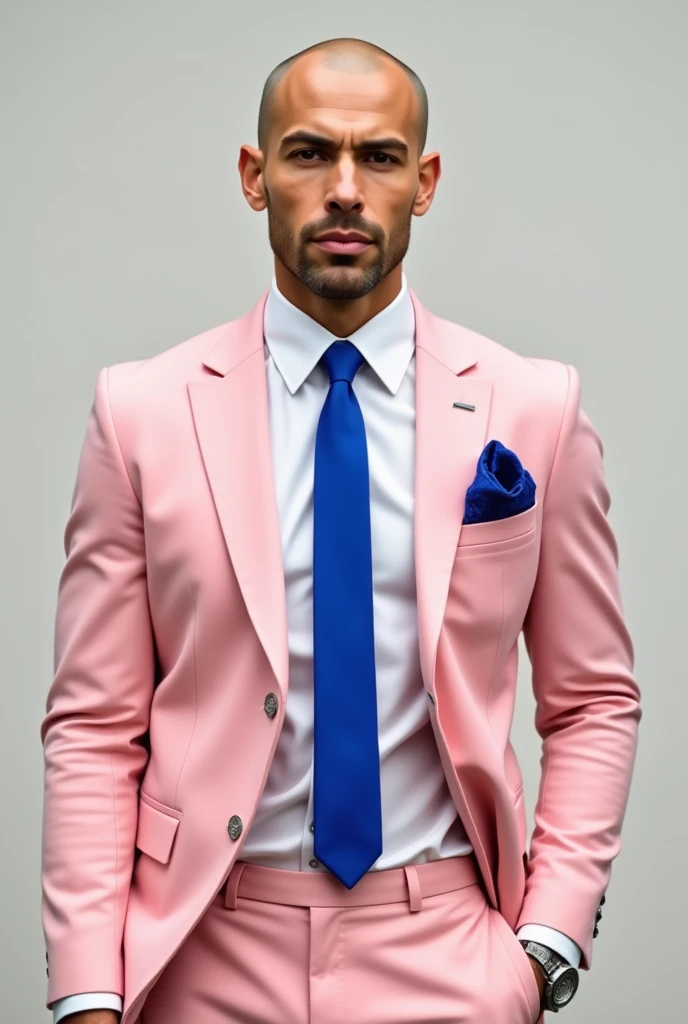 Young bald white man in soft pink suit, white shirt and bright blue tie and deep royal blue handkerchief.