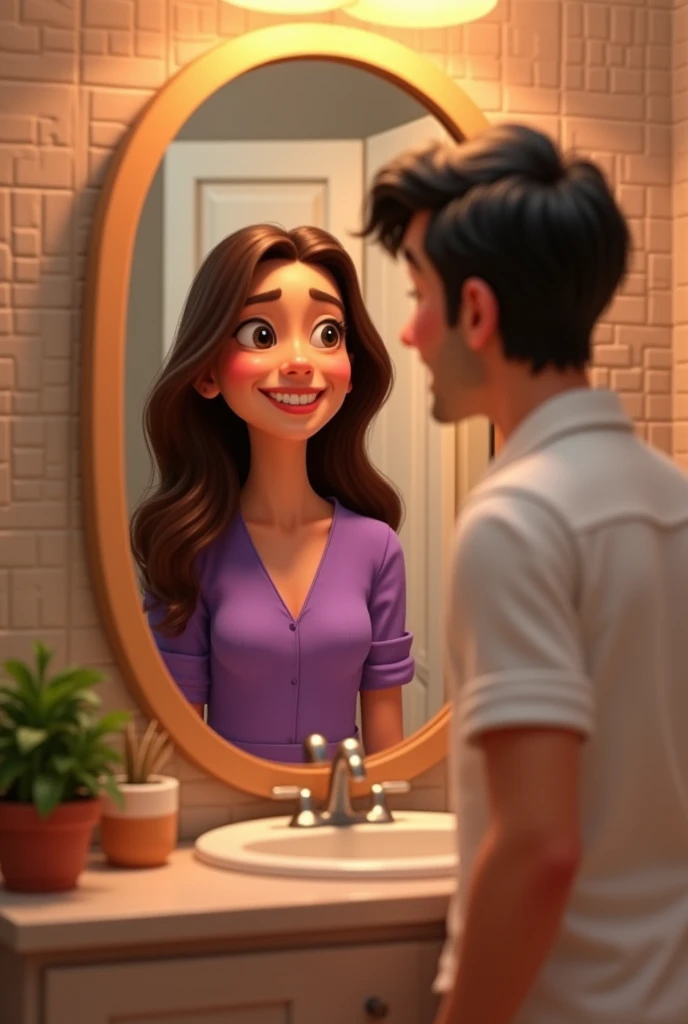 Pixar-style image of a couple taking a photo in the bathroom mirror, the woman is smiling, She is wearing a purple blouse, and her hair is long and brown, the man is taller than the woman, Her hair is black and a little wavy, He wears a white shirt, The man is standing with his back turned looking at the woman 