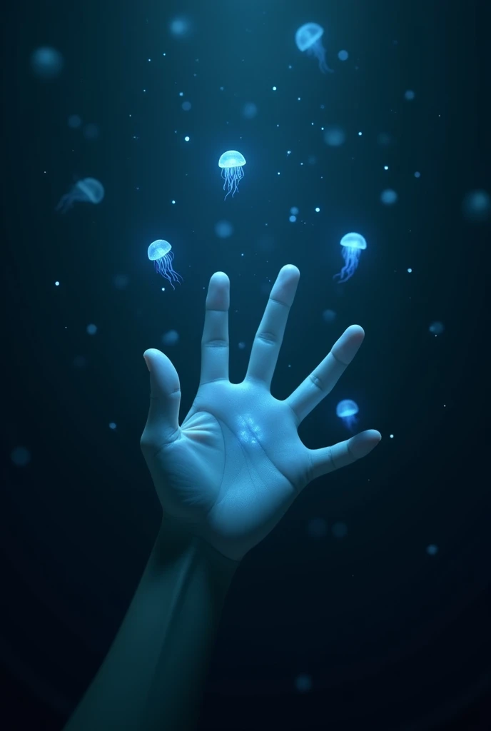 A dark, ethereal image featuring a glowing hand in the center with small, bioluminescent jellyfish-like creatures floating around it. The creatures emit a soft blue light, creating an otherworldly atmosphere. The hand is bathed in a faint blue glow, with the creatures delicately hovering above and around it, casting subtle reflections. The overall scene has a mystical and surreal quality, with the creatures appearing to be gently interacting with the hand in the darkness.