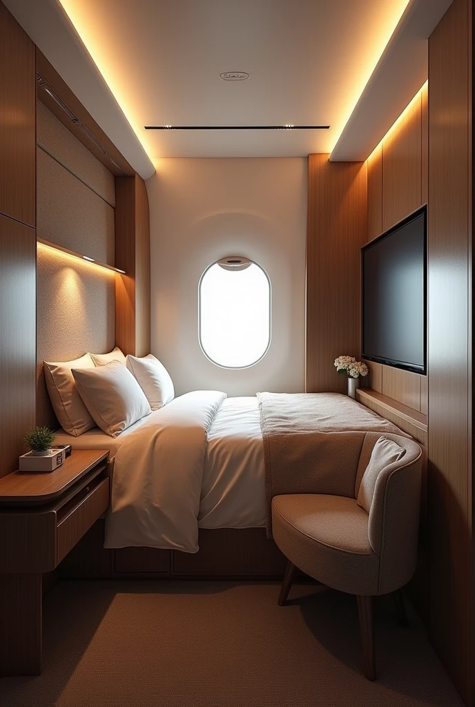 Generates an image of a single room on an airplane that is a room with a bed
