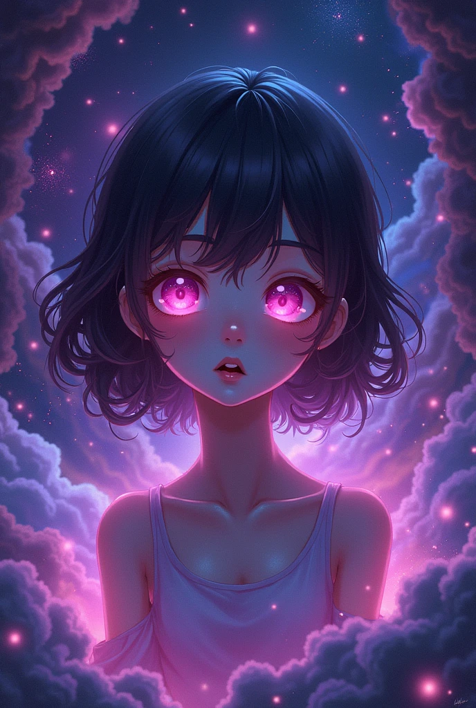 Make anime character with magenta eye and background seen is galaxy 