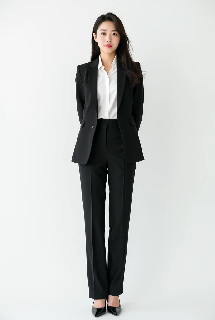A korean female her face front she is stand straight like a teacher with white background  more
