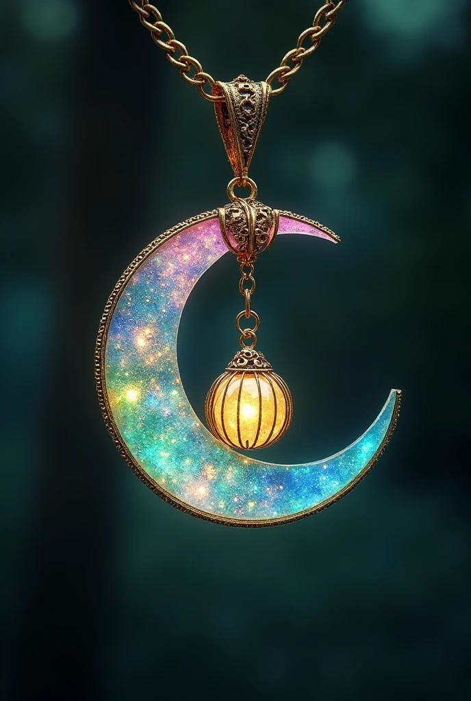 This is an enchanting crescent moon necklace, featuring a glowing, luminescent design. The crescent moon pendant is large and dominates the design, curving gracefully with a delicate filigree pattern that adds intricate detail to its surface. The crescent has a soft, radiant Rainbow glow that emanates from within, creating a magical and otherworldly effect. Hanging from the inside of the crescent moon is a small, spherical crystal or orb, encased in an ornate, Golden metal cage. The orb also emits a faint Rainbow glow, harmonizing with the light of the crescent moon. The metal cage surrounding the orb is intricately designed, with delicate swirls and loops that add a touch of elegance and complexity. The pendant is attached to a fine, Golden chain that complements the overall design. The chain is simple and unobtrusive, allowing the focus to remain on the glowing crescent moon and orb pendant. The overall aesthetic of the necklace is mystical and celestial, perfect for someone who appreciates unique, fantasy-inspired jewelry with a touch of magic.